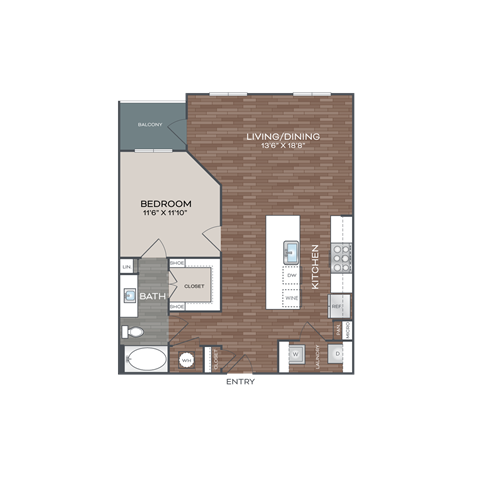 Floor plan for 1 bed, 1 bath, 863 sqft